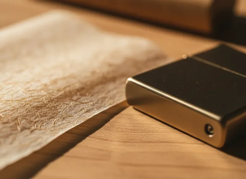 תמונת תקריב של סיבי נייר גלגול ומצת על משטח עץ